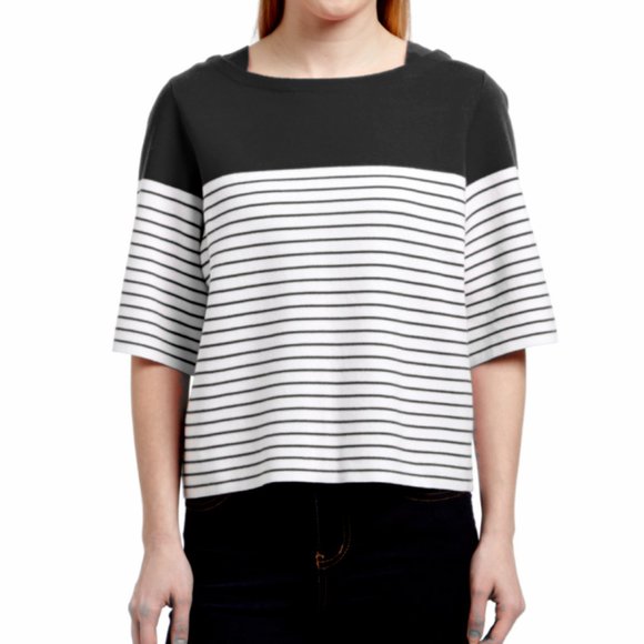 Rondina $195 Boat Neck Crop Knit Top Striped Black - Picture 1 of 12